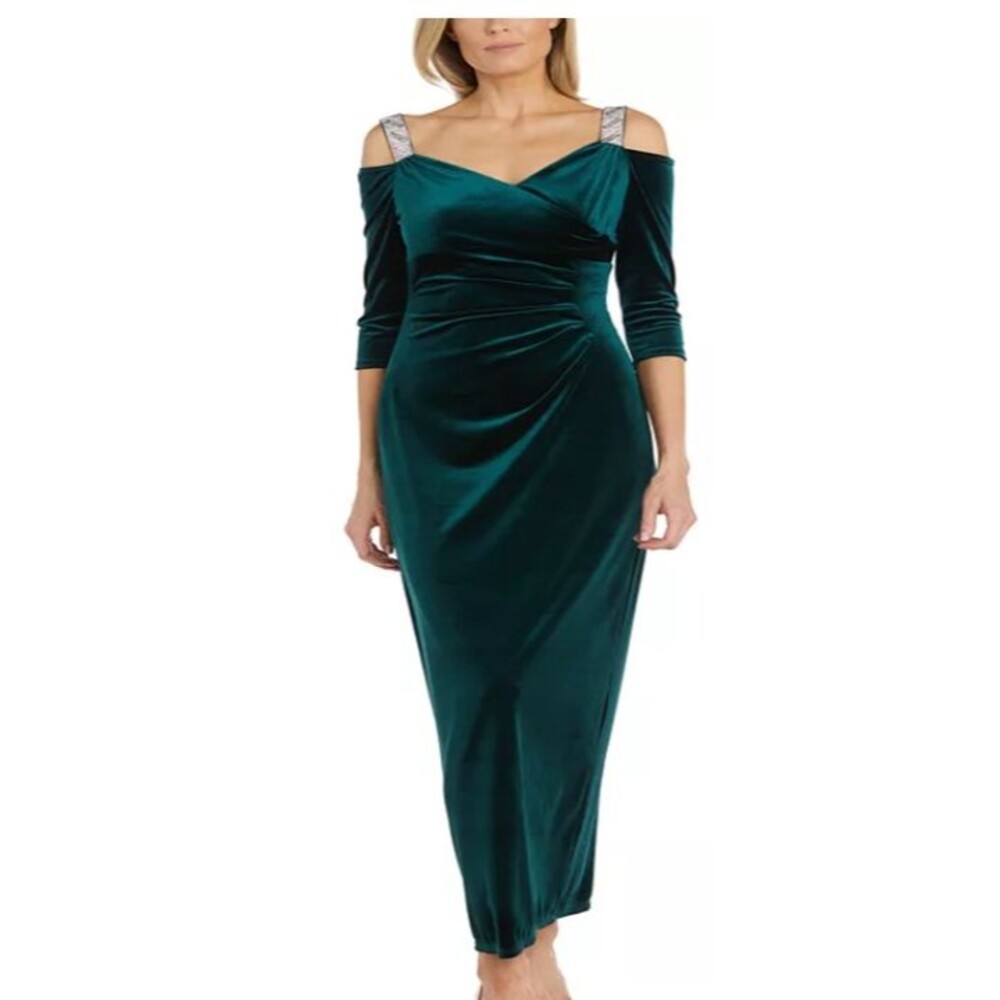 R&M Richards Women's Green Velvet Embellished Cold-Shoulder Dress Size 12 NEW